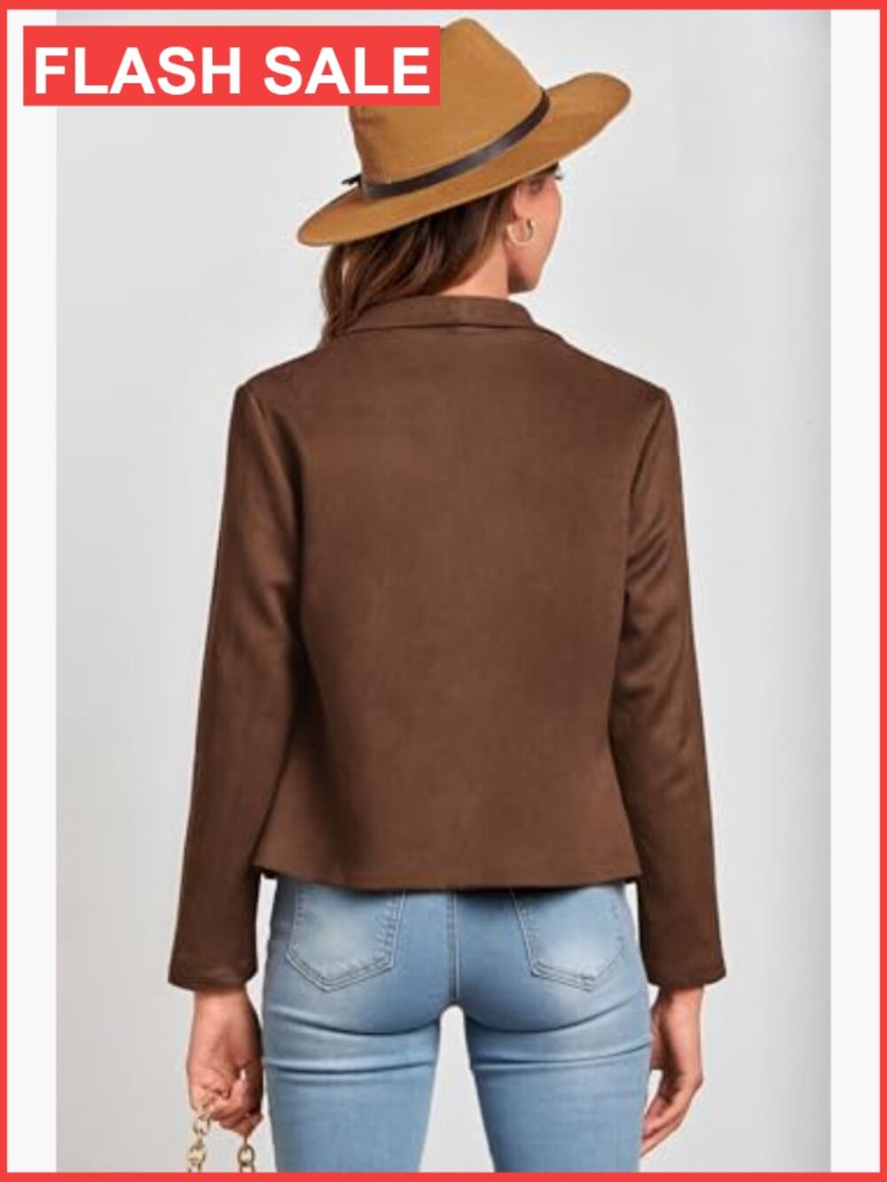 Faux Suede Cropped Jacket Waterfall Collar Long Sleeve Open Front Casual Outwear - Picture 2 of 7